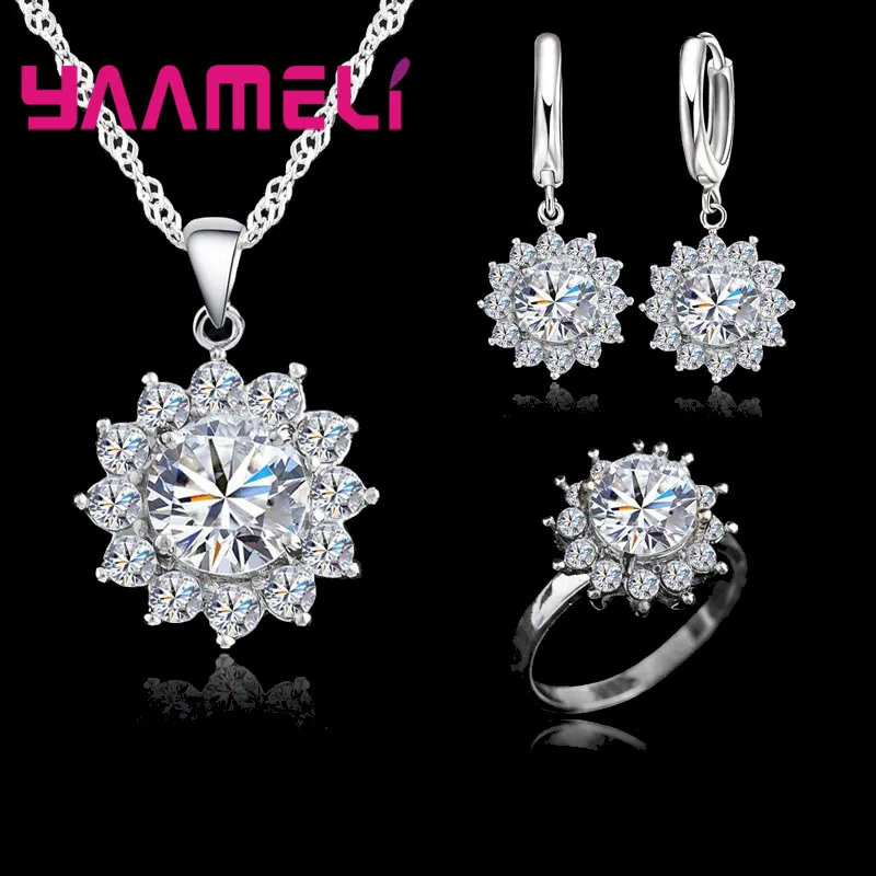 Высокое качество 925 стерлингового серебра подсолнухи кубического циркония ожерелье серьги+ кольца кристалл ювелирные изделия для женщин свадьбы