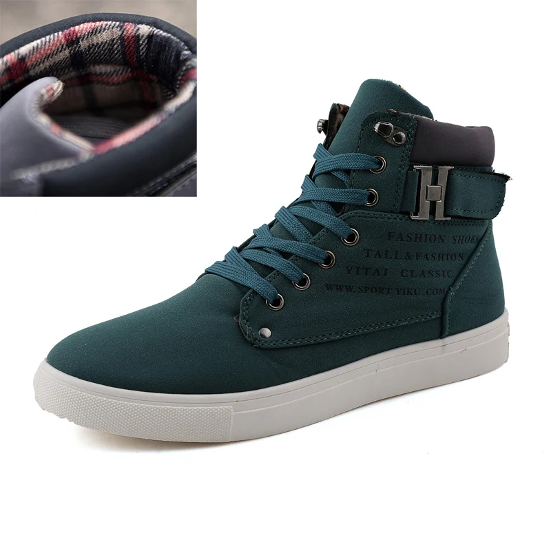 Hot Men Boots Fashion Warm Winter Men shoes Autumn Leather Footwear For Man New High Top Canvas Casual Shoes Men - Color: green No Plush