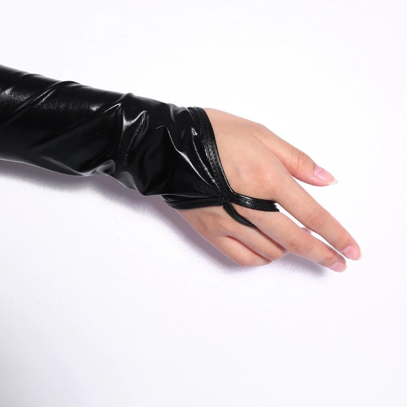 2018 леди женщин мокрой взгляд сексуальный черный без пальцев руки длина перчатки эластичный Блестящий Средний верхний новый сплошной моды