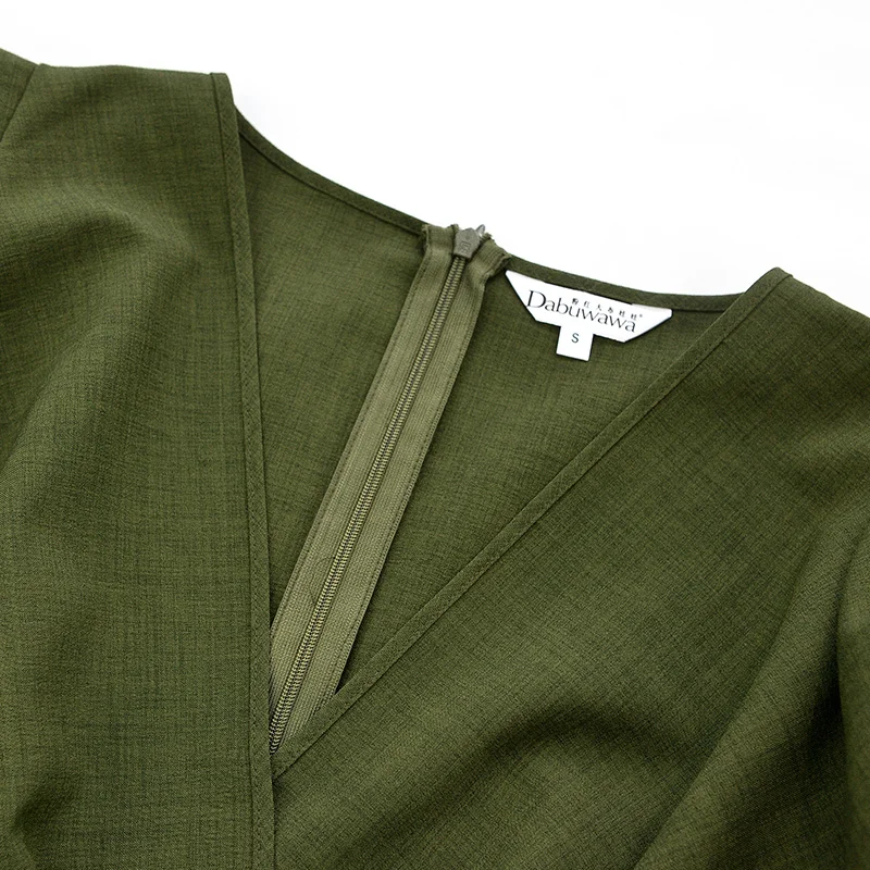  Dabuwawa Summer New OL Style Elegant Temperament Dress Women Army Green V-Neck Lantern Sleeve Dress