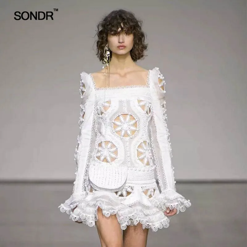 

SONDR 2019 Spring Summer Floral Dress Hollow Out Slash Neck Flare Sleeve Draped Mini Mermaid Dresses Fashion lace New Clothing