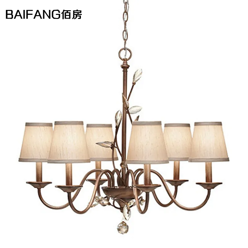 

American retro crystal pendant fabric lampshade Iron Branch light living room dining room hanging lighting