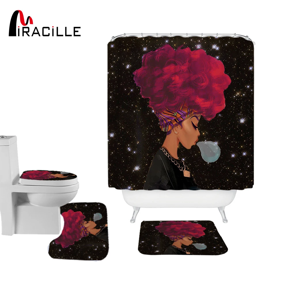 Billige Miracille Mode Afrikanische Frau Polyester Dusche Vorhang Set Nicht Slip Teppiche Teppich für Bad Wc Flanell Bad Matte Set 4 stücke