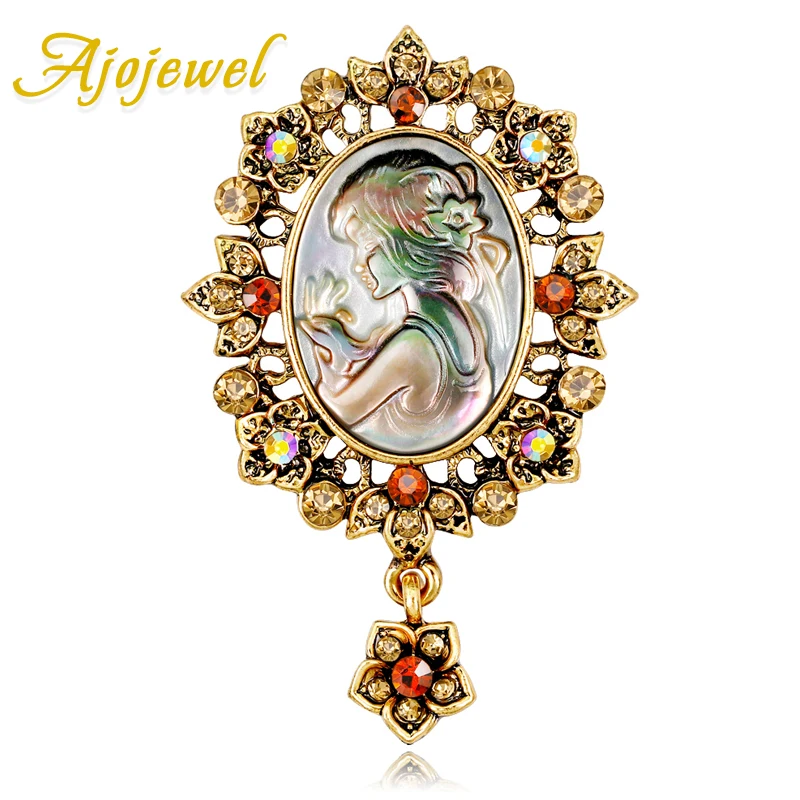 

Ajojewel 2019 New Woman Cameo Shell Brooch Lady Maiden Rhinestone Flower Broche France Vintage Jewelry For Party Wedding