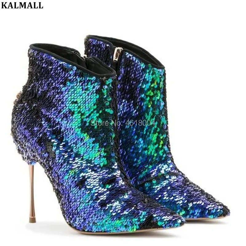 

KALMALL Party Glitter Ankle Boots bling bling Club Shoes Pointed Toe metal Heels Dance Boots Zipper Heels Women Boots