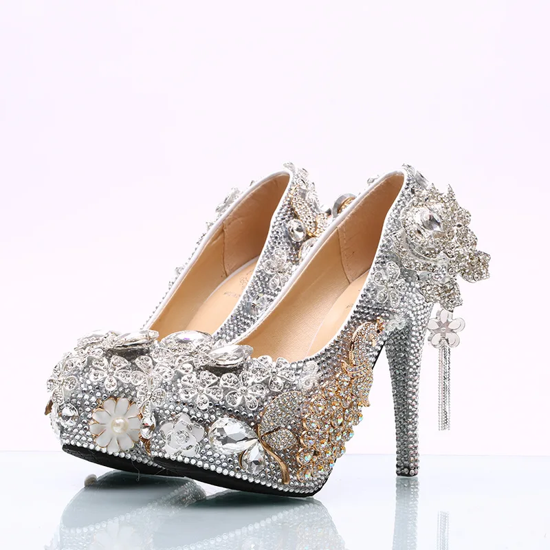 Zapatos Heel Diamantes Vestido Imitación Banquete Mujeres Para Decoracion Tamaño Noche 14cm Boda Gran Super Lujo Las Tacón Cristal Bombas Fiesta Alto Plata De xIznvw1
