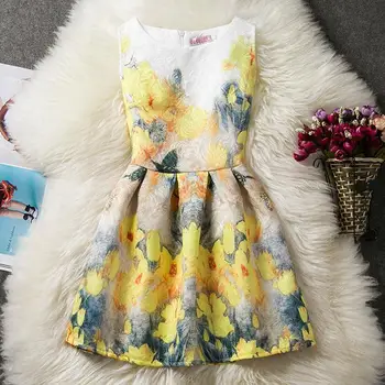 

Gulugulumi 2017 Brand Summer Girls Print Flower Dress Girls Princess Perform Lovely Summer Sleeveless School Dress Kid Clothes