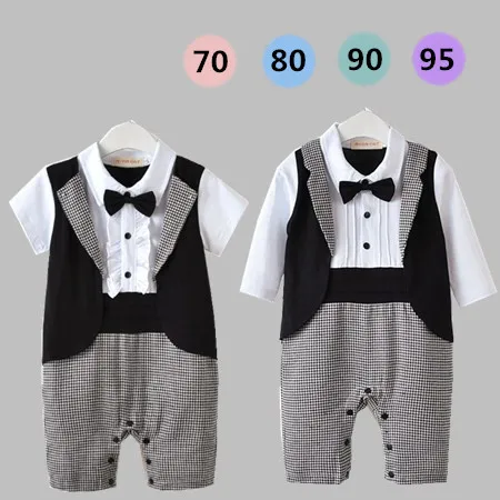 Image Baby boy summer short sleeves gentlemen bow tie tuxedo romper infant clothes toddler kids black plaid jumpsuit wedding clothes