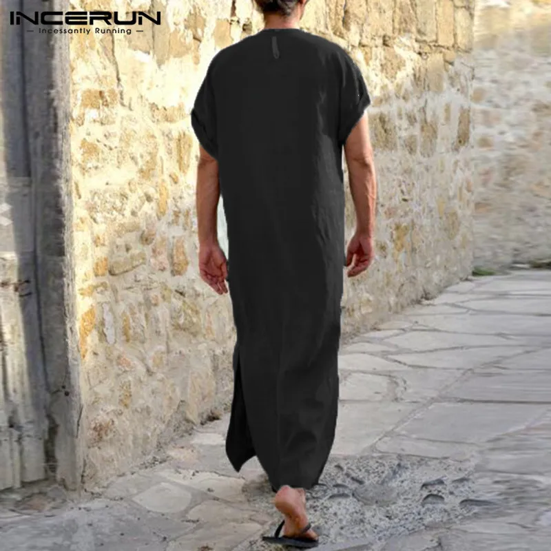 INCERUN 5XL Summer Men's Shirts Robe Dress Short Sleeve 100%Cotton V-Neck Full Length Islamic Arab Kaftan Male Vacation Beach