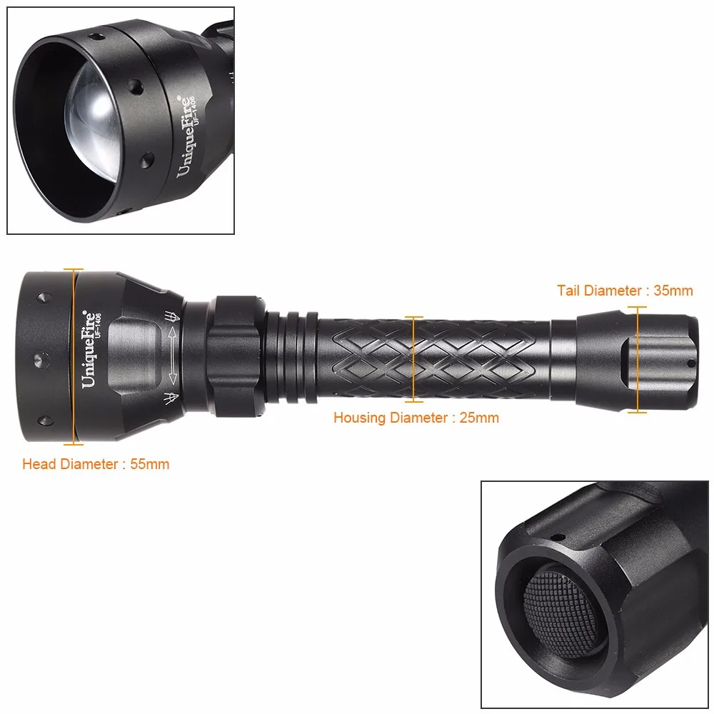 UniqueFire 1406 Flashlight Cree XPE LED Flashlight Torch Adjustable Focus Zoom Light Lamp Black Color+Two Slot Charger4