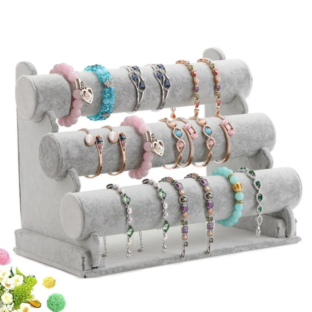 

Grey Velvet 3 Tier Bracelet Watch Stand Holder Jewelry Showcase Display Storage Necklace Bangle Organizer