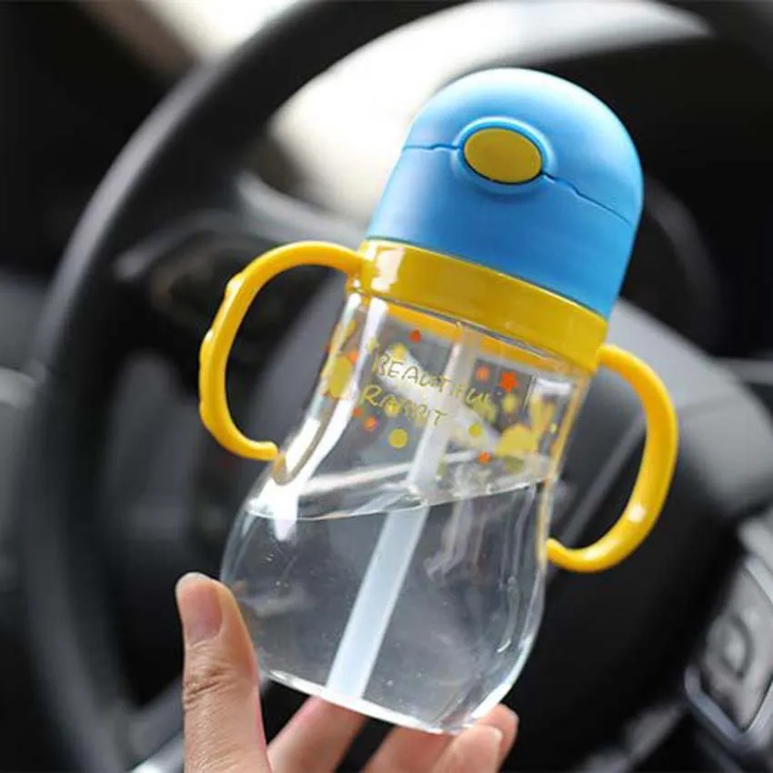 Straw Water Bottle Baby Feeding Sippy Training Cup with Handles 300ml