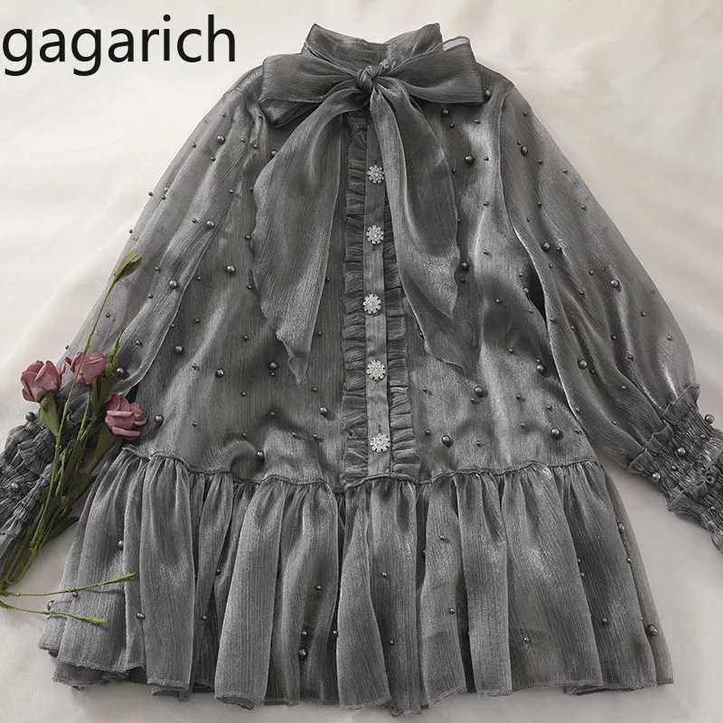 

Gagarich Women Two Piece Set Long Sleeve Chiffon Bow Neck Sweet Blouse Solid Tank Inner 2019 Ladies Dresses Elegant Suit