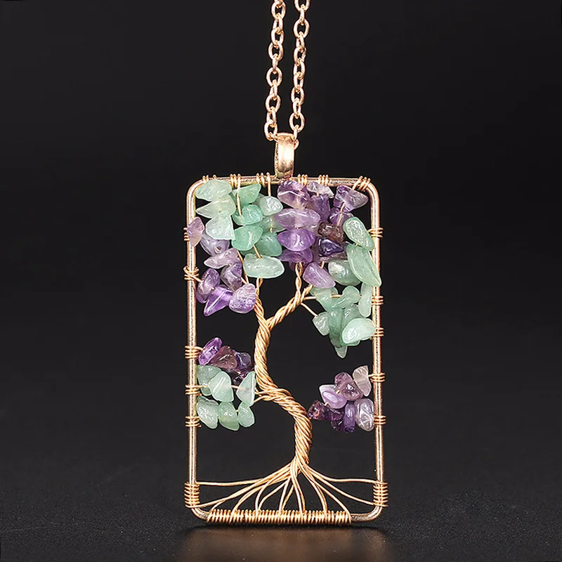 

Handmade Tree of Life Rectangle Pendant Necklaces Gold Color Wire Wrapped Crystal Gravel Rich Tree Necklaces For Women