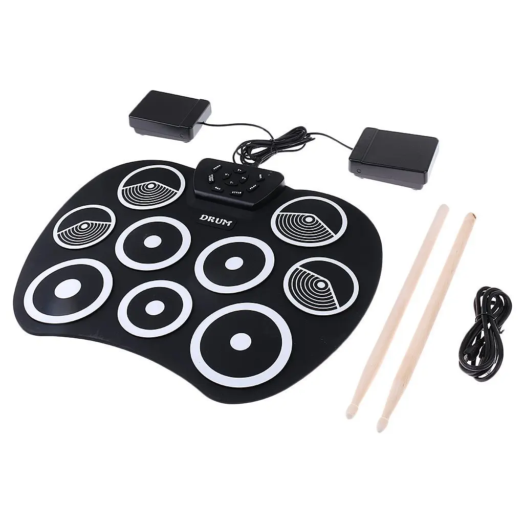 

FSTE-Portable Electronics Drum Kit Roll Up Drum 9 Drumsticks USB Silica gel+plastic Footswitch Powered Pedals USB Cable