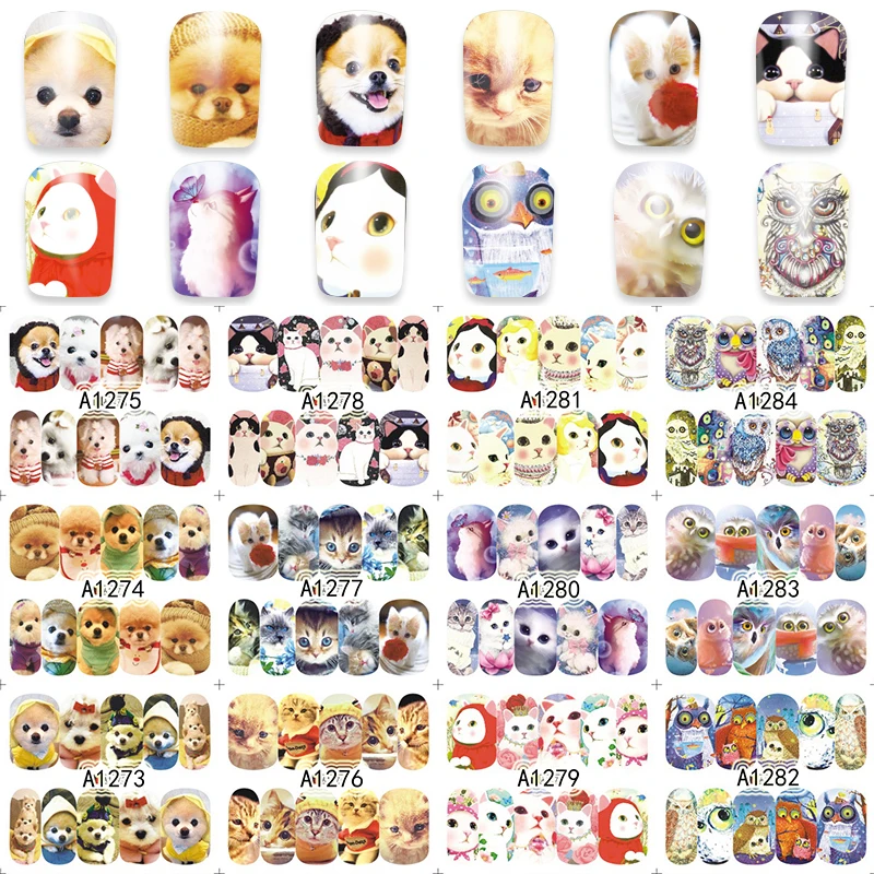

WUF Sheet Nail Water Transfer Decals Animals Dog Owl Cat Nail Stickers UV Gel Decoration Makeup Tools A1273-1296