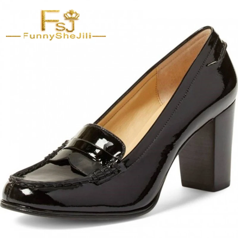 block heel patent leather pumps