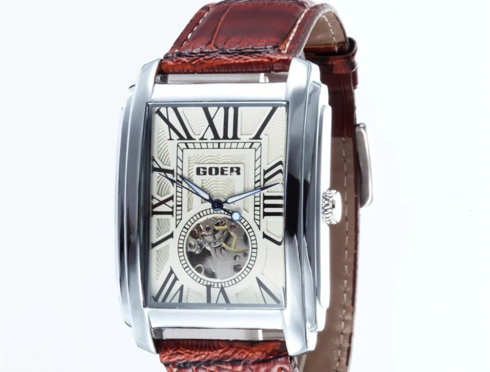 

Fashion Vintage Roman Scale Men Dress Watches Mechanical Rectangle Statement Clock Leather Back Transparent Relojes NW3192