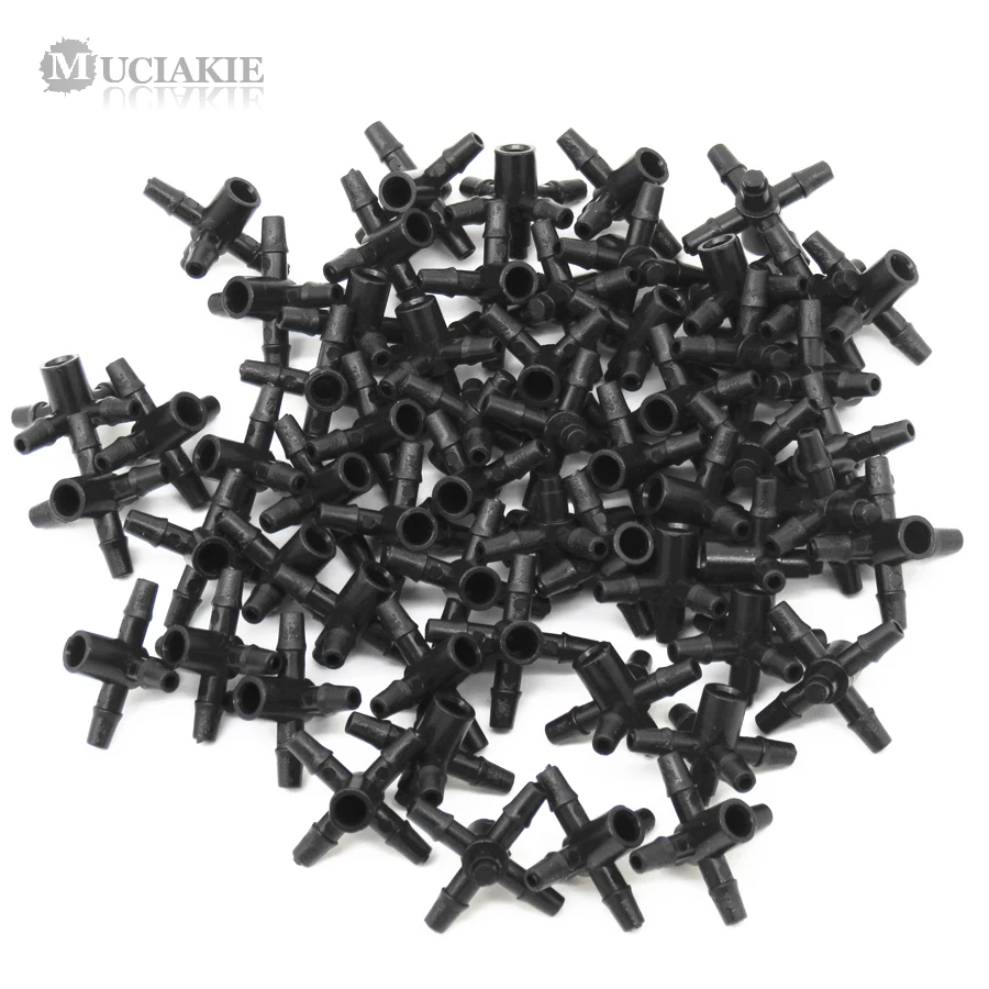 

MUCIAKIE 100PCS 4-Branches Barbed Connectors for 3/5mm Hose Coulping Adaptors Flat End Inner Dia 4.1mm Irrigation Fittings