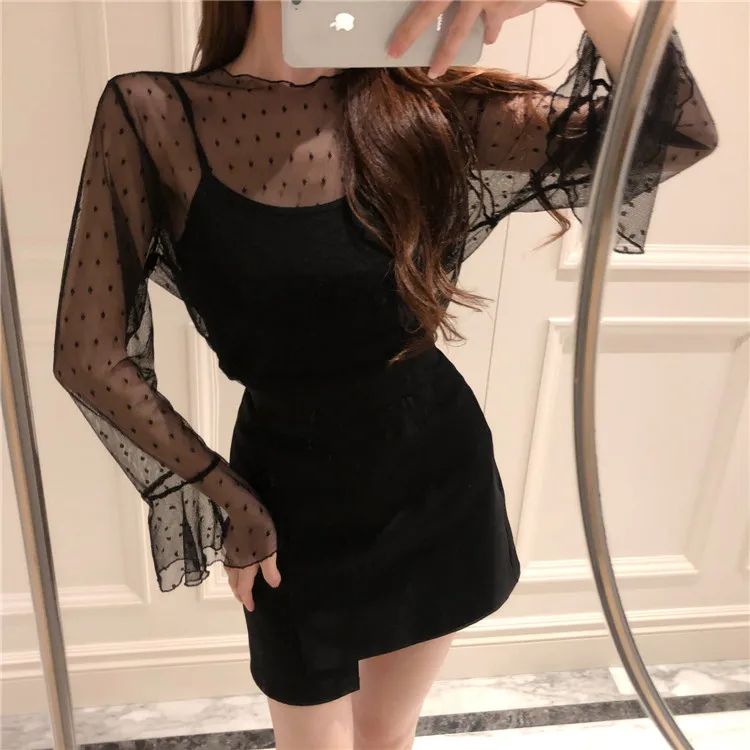 

Women Sexy Transparent Dot Black Mesh Blouses Shirts Girls Full Flare Sleeve Tops Shirt Blouse 2 Pieces Included For Ladies