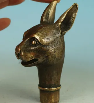 

Copper Brass CHINESE crafts decoration Chinese Old BRASS Handmade Carved Rabbit Collect Statue Walking Stick Head christmas