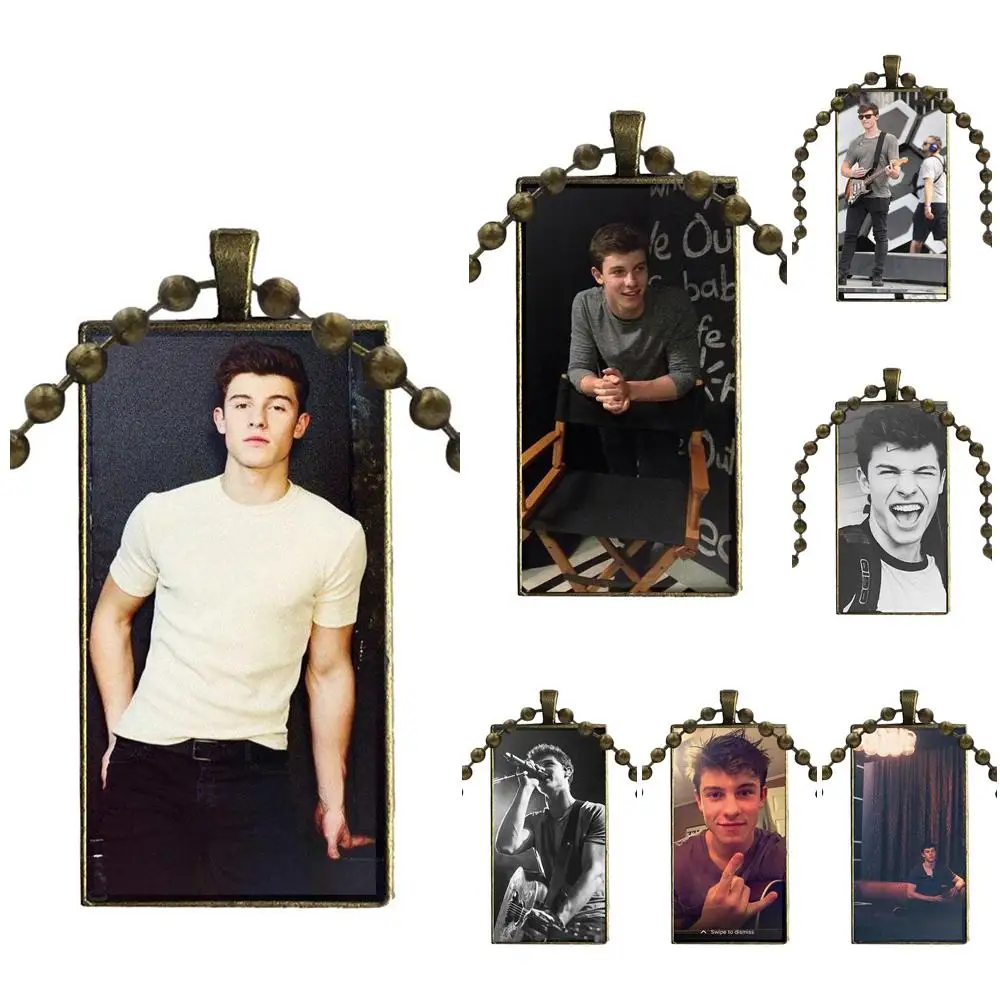 

EJ Glaze For Women Men Handsome Shawn Mendes Jewelry With Bronze Plated Glass Cabochon Choker Long Pendant Rectangle Necklace