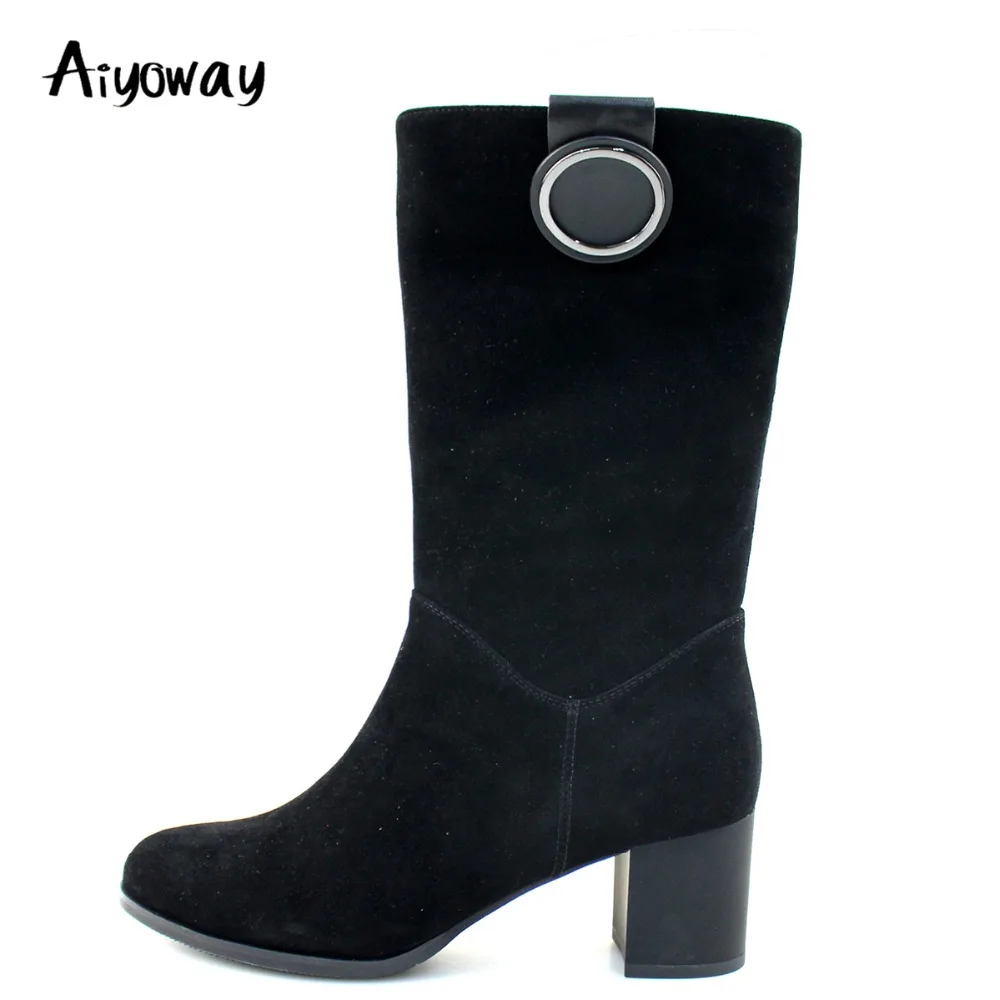 Pantorrilla Redondo Pie ~ Faux De Del Moda Nosotros Aiyoway Invierno Negro Tamaño La Alto 12 5 Cremallera Botas Señoras Ante Dedo Lateral Mitad Mujer Otoño Talón Zapatos 4wXpXRYq7