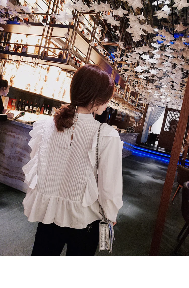 MUMUZI, модная Осенняя женская блузка с оборками, с длинным рукавом, черные, белые топы, повседневные, с рукавом-фонариком, модные рубашки для женщин