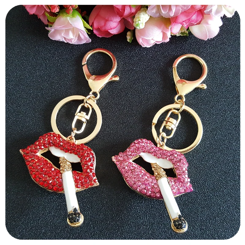 MOOSA Rhinestone Sexy Lips Lipstick Keychain Keyring Lovely Charm