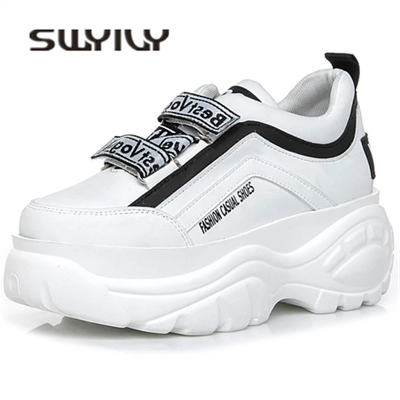 SWYIVY/Женская Белая обувь; повседневные весенние кроссовки; Новинка года; женские модные кроссовки на платформе с высоким каблуком и застежкой-липучкой; Лидер продаж