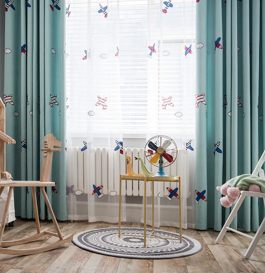 Мультфильм самолет вышитые синие затемненные занавески для детей Детская Спальня Гостиная Роскошный белый тюль шторы на окна M102D3