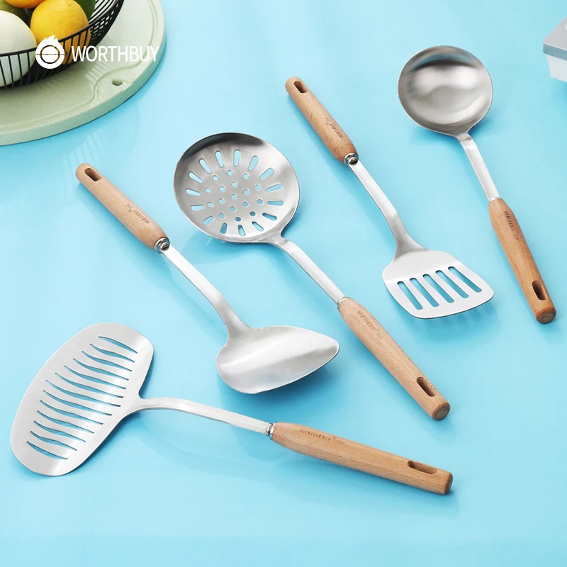 WORTHBUY Kitchen Cooking Tools Set 304 Stainless Steel Kitchenware With Wooden Handle Spatula Soup Ladle Kitchen Utensils Set WORTHBUY Kitchen Cooking Tools Set 304 Stainless Steel Kitchenware With Wooden Handle Spatula Soup Ladle Kitchen Utensils Set