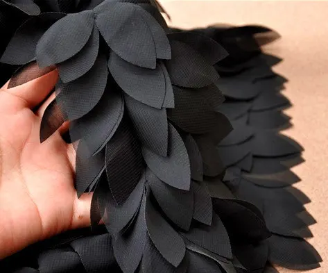 Черный шифон листья отделка 3D цветочные кружева аксессуары из тканей праздничный костюм вечерние принадлежности для декора, 1 ярд, FT003bla