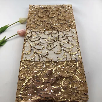 

2019 Latest French Sequins Tulle Lace High Quality Nigerian Lace Fabrics Sequins Embroidered Guipure African 3d Lace Fabric Gold