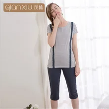 Летняя Повседневная Пижама в полоску для девочек, комплект Женский o-образный вырез, футболка с короткими рукавами и воротником+ укороченные штаны, Женский хлопковый пижамный комплект