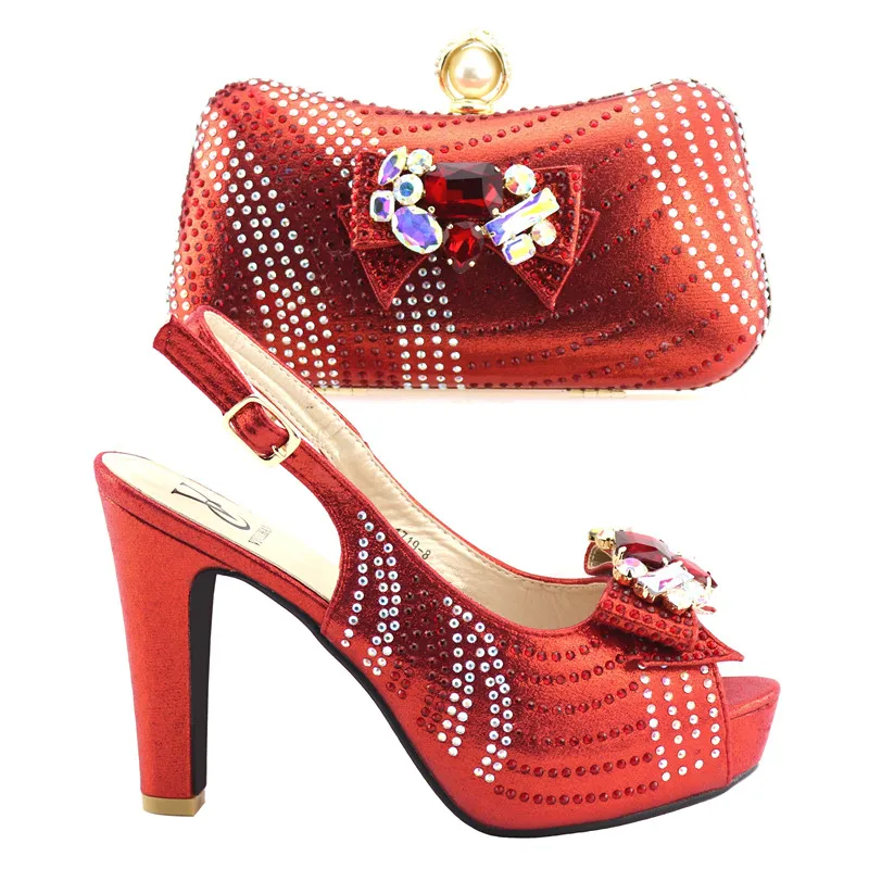 

17-8 RED Italian Shoes with Matching Bags Set Decorated with Rhinestone Nigerian Beautiful Wedding Shoes and Bag Sets