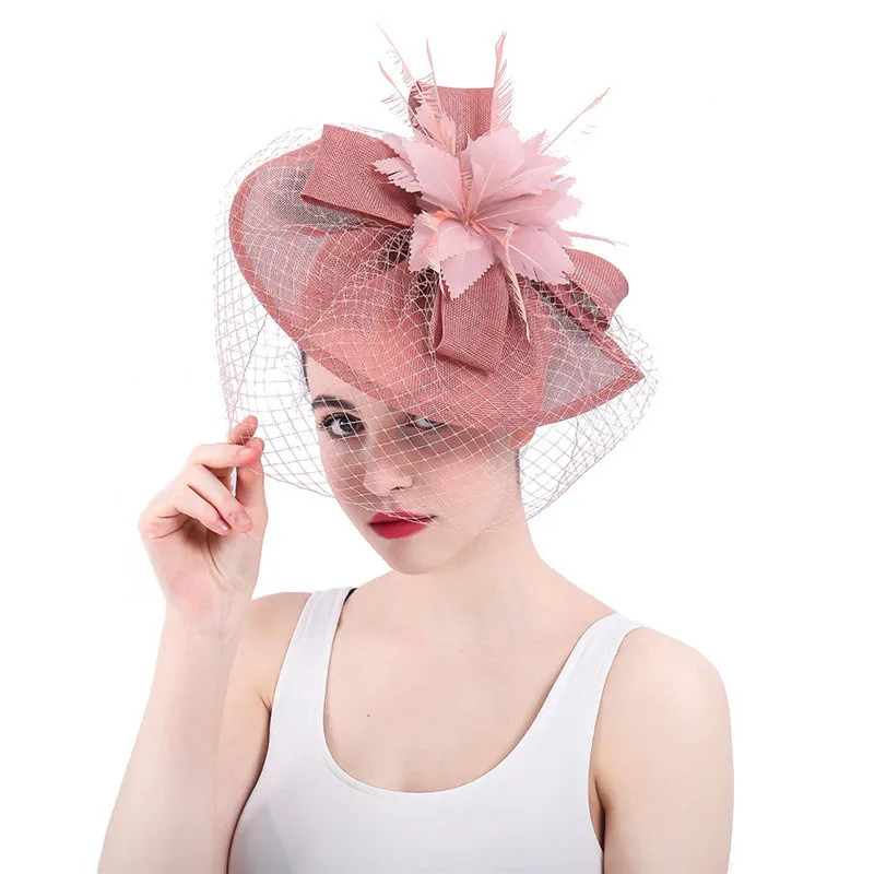 

Bridal Wedding Hats Fascinators For Woman Party Lace Patchwork Flower Sinamay Feather With Veil Headdress M46