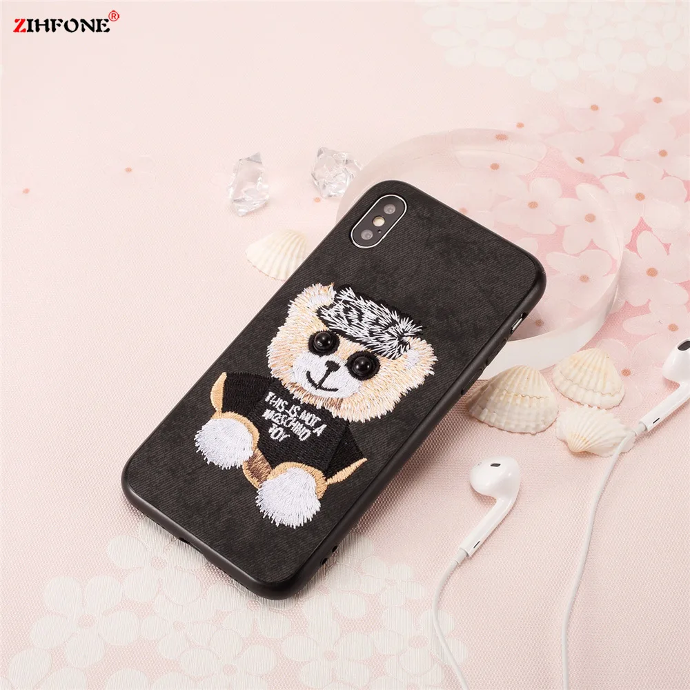 

Luxury Shockproof Leather Phone Case For iPhone X XS XR XS Max Case Back Cover Pattern 3D Cute Bear Dog Embroidery Cover Capa