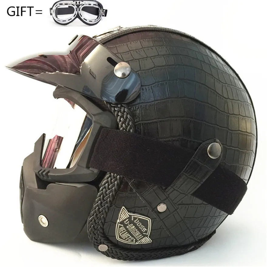 Мотоциклетный шлем Ретро Винтаж Синтетическая кожа Casco Moto Cruiser Chopper скутер Кафе Racer 3/4 открытый шлем DOT - Цвет: PU Crocodile leather