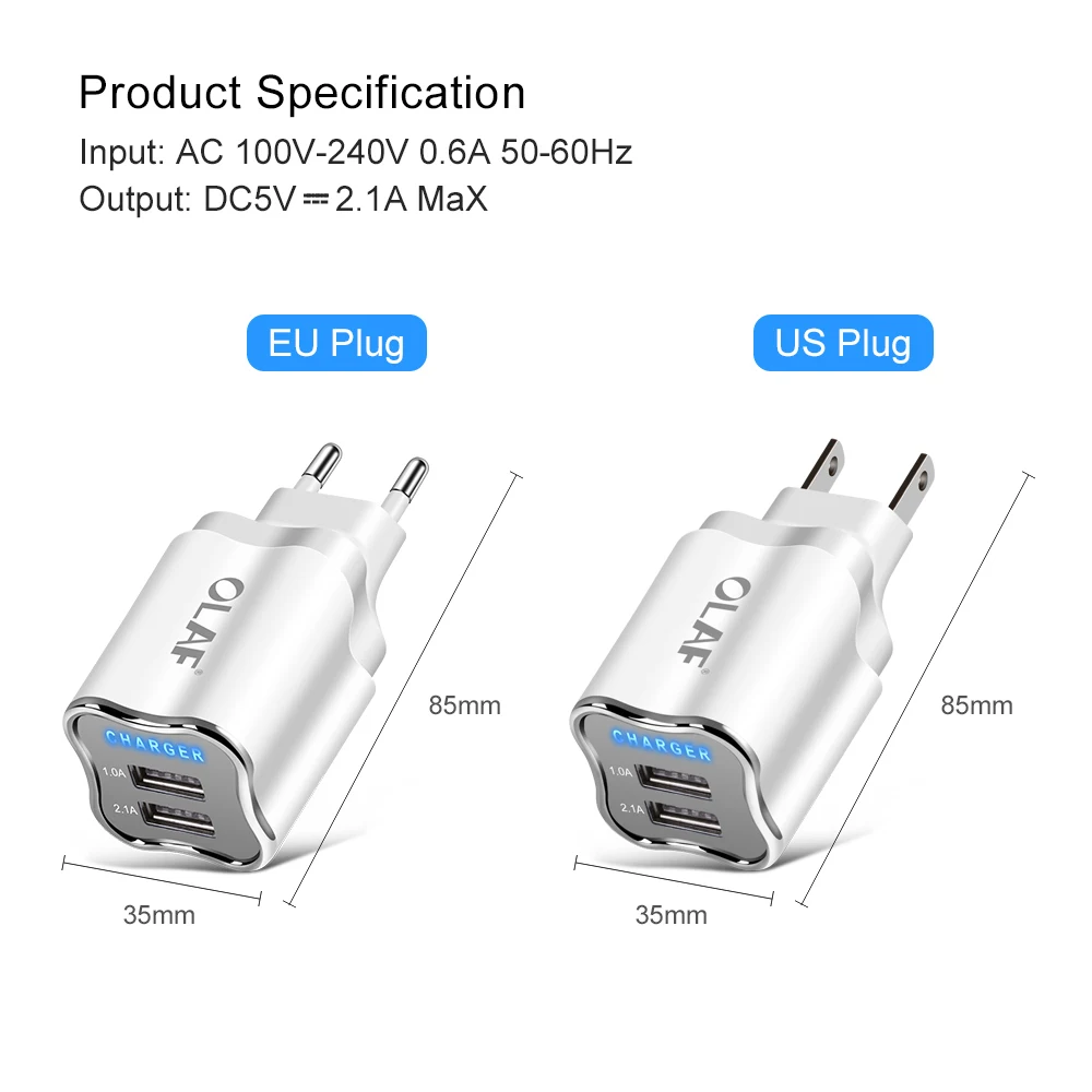 Олаф двойной USB телефон зарядное устройство ЕС/США штекер светодиодный светильник 5 в 2.1A Быстрая Зарядка адаптер для iPhone X samsung Xiaomi Мобильный телефон зарядное устройство s