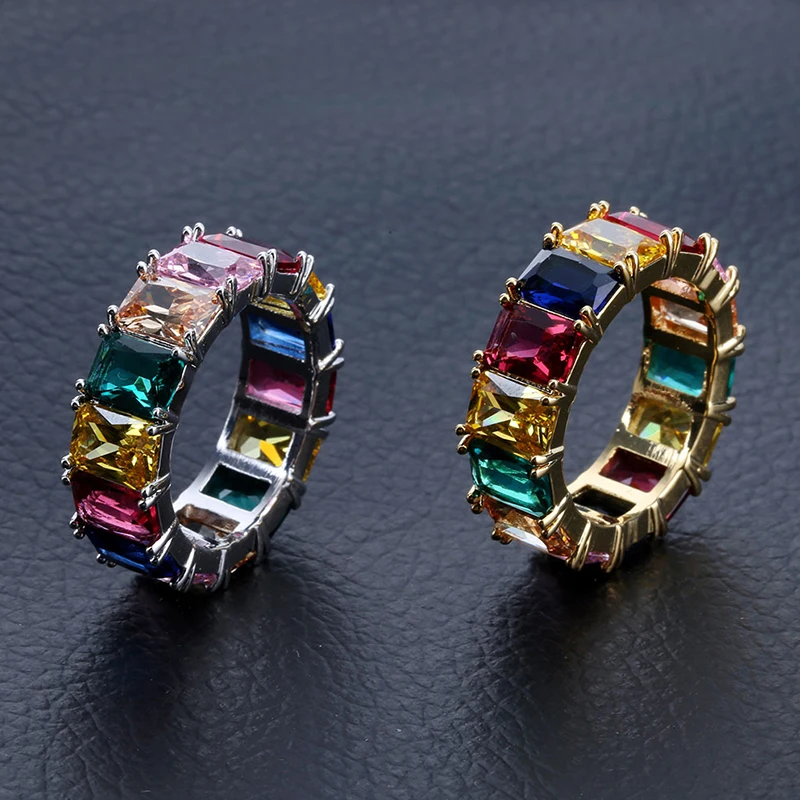 

Multicolor Trapezoid Iced Out Cubic Zircon Bling Ring Men Women Hip Hop Style Trendy Gold Silver Color CZ Love Jewelry Gifts