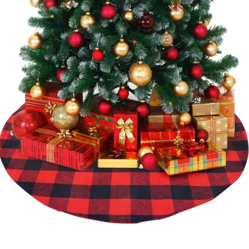 

Plaid Christmas Tree Skirt Red Black Buffalo Tree Skirt with Pom Pom Double Layers Xmas Tree Skirt for Holiday Christmas Decora