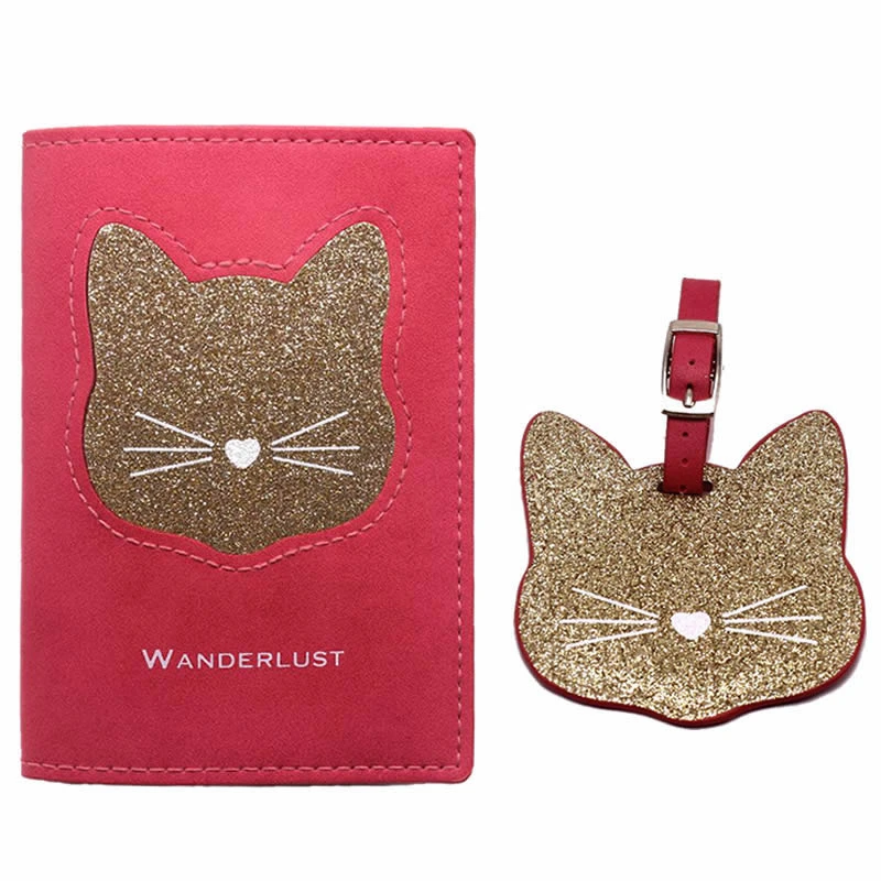 

1Set Animal Cat Passport Covers Luggage Tag Travel Accessories PU Leather ID Bank Holder Card Business Baggage Boarding Bag