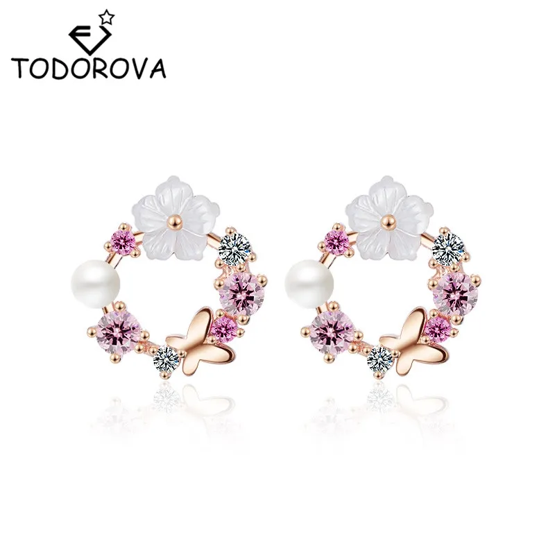 

Todorova Multicolor Flower Wreath Design Small Round Circle Stud Earrings for Women Ear Studs Earing Brincos Korean Jewelry Gift