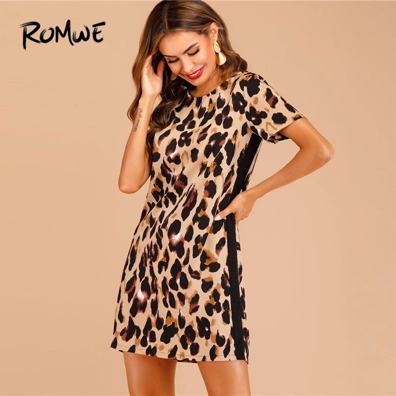 

ROMWE Multicolor Contrast Panel Leopard Print Dress Women Summer 2019 New Straight Tape Short Casual Mini Tshirt Dresses