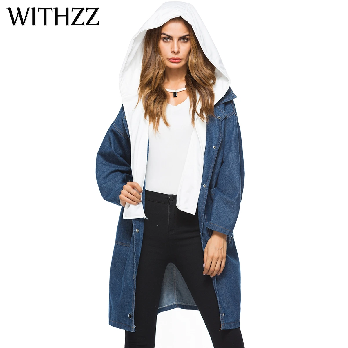 

WITHZZ Autumn Long Denim Casual Hat Detachable Female Jacket Denim Jacket for Women Coat Women's Windbreaker Plus Size