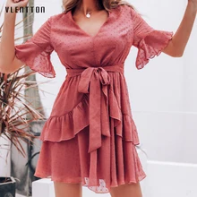 2019 New V-Neck Sexy Dress Women bell sleeve Ruffles Elegant Party Dress Spring summer A-Line Chiffon Women's Dresses Vestidos split bell sleeve a line dress