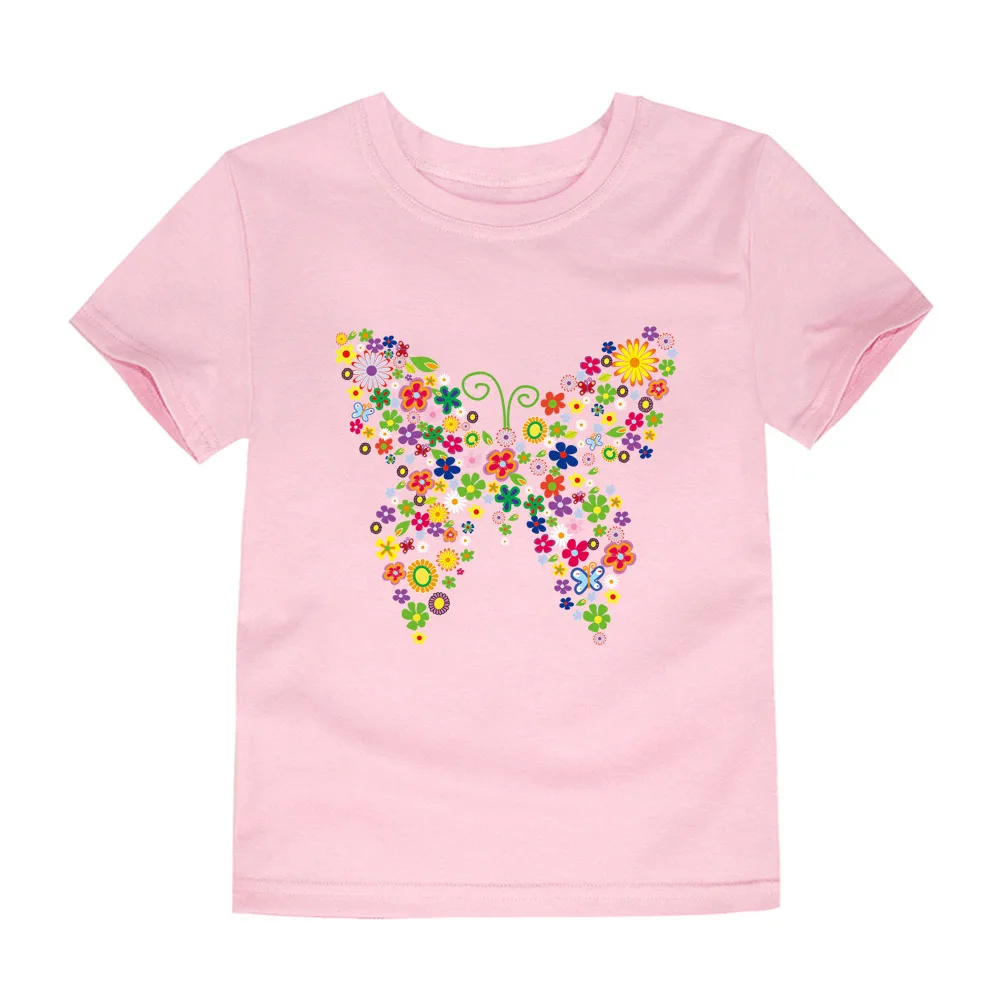 Новые брендовые летние хлопковые футболки с короткими рукавами и круглым вырезом, с цветочным принтом и бабочкой для девочек Детская футболка с цветочным рисунком Детские рубашки с цветочным рисунком