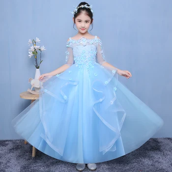 

Spring Summer Children Girls Elegant Flowers Birthday Wedding Party Blue Long Dress Kids Baby Evening Party Host Pageant Dress