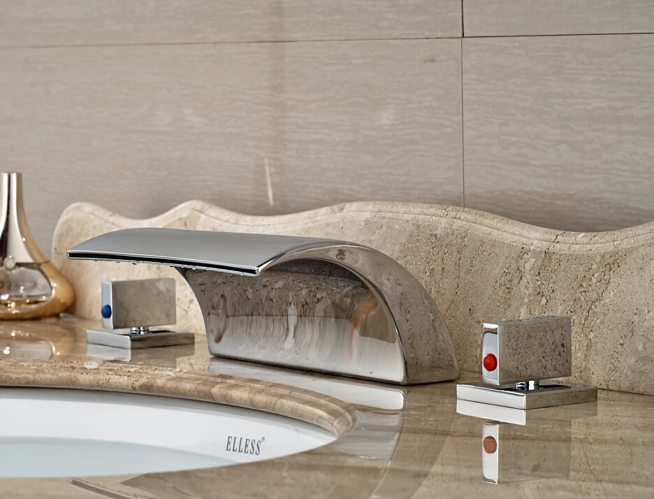 

Luxury Deck Mounted Chrome Finished Bathroom Basin Faucet Waterfall Mixer Tap With Double Handle